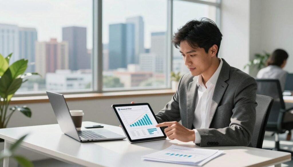 A modern, professional workspace reflecting the salary expectations and market trends for machine learning jobs in Africa. In the foreground, a confident young professional in business attire, examining a digital tablet displaying graphs and charts of salary trends. In the middle, a sleek office desk with a laptop, coffee mug, and notes about job market analysis. The background features a large window showing a panoramic view of a vibrant city skyline, symbolizing economic growth and opportunity. Natural light streams in, creating a bright and optimistic atmosphere. The image captures a sense of ambition and innovation, with a color palette of fresh greens and blues, representing growth and professionalism. House of Chrys logo subtly included in the design without direct visibility.