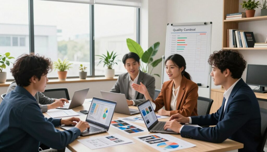 A professional data annotation quality control team working in a bright, modern office environment. In the foreground, a diverse group of four professionals, dressed in business attire, sits around a conference table covered with laptops, documents, and annotated images. They are engaged in lively discussions, reviewing data on screens with graphs and charts indicating quality metrics. The middle ground showcases large windows providing natural light, plants in decorative pots, and a whiteboard filled with quality control checklists. The background features shelves filled with books about AI and data science. The atmosphere feels collaborative and focused, with warm lighting illuminating the space. Vivid colors create an inviting mood. The brand name "House of Chrys" subtly integrated into the office décor.