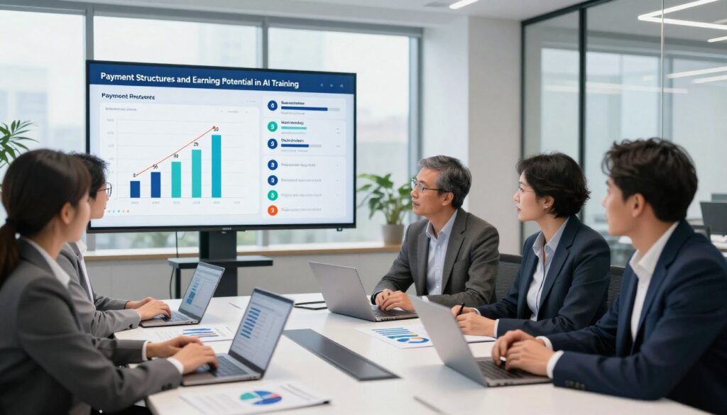 A professional, informative scene depicting "Payment Structures and Earning Potential in AI Training". In the foreground, a diverse group of professionals in business attire, engaged in discussion around a modern conference table filled with laptops, charts, and graphs illustrating payment structures. The middle ground features digital screens showcasing data visualization of earning potential, with icons representing salary tiers and job roles in AI training. In the background, a bright and contemporary office space with large windows allowing natural light to flood in, enhancing the atmosphere of optimism and opportunity. The overall mood is focused and collaborative, suggesting growth and success in the AI training field. The brand name "House of Chrys" subtly incorporated into the workspace design.