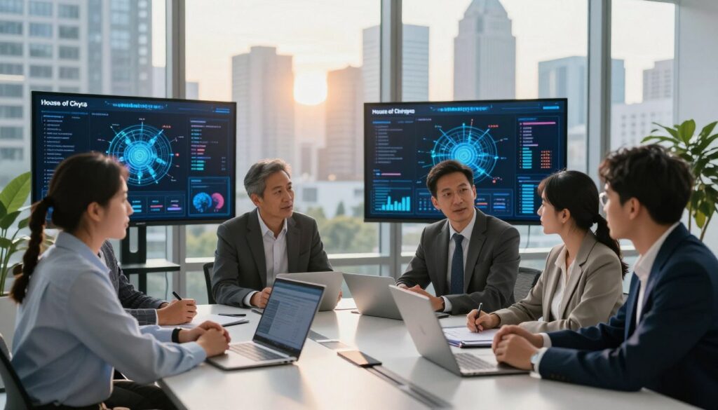 A professional setting depicting industry mentorship in artificial intelligence. In the foreground, a diverse group of two mentors and three mentees engage in a collaborative discussion around a sleek modern table, all dressed in professional business attire. In the middle ground, large digital displays show AI-related data analytics and dynamic graphs, highlighting real-world applications. The background features floor-to-ceiling windows showcasing a vibrant city skyline, symbolizing the fast-paced tech environment. Soft, natural sunlight streams in, creating a warm and inviting atmosphere. The scene combines elements of technology and personal interaction, reflecting the essence of mentorship. Capture this moment with a slight overhead angle to emphasize collaboration. Brand name: "House of Chrys".