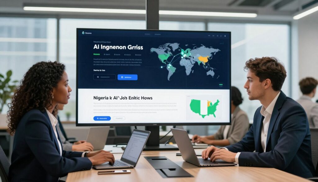 A professional setting showcasing a diverse group of remote workers engaged in AI job discussions related to Nigeria. In the foreground, two professionals, a Black woman and a Hispanic man, are seated at a modern conference table with laptops open, dressed in smart business attire. Their expressions are focused and collaborative. The middle layer features digital screens displaying various AI job opportunities, with a world map highlighting Nigeria and the US connection. The background shows a sleek office environment, with large windows allowing soft, natural light to illuminate the scene, creating an inviting atmosphere. A subtle branding element for "House of Chrys" is integrated into the design. The overall mood is innovative and inspiring, emphasizing connectivity and global collaboration in the AI job market.