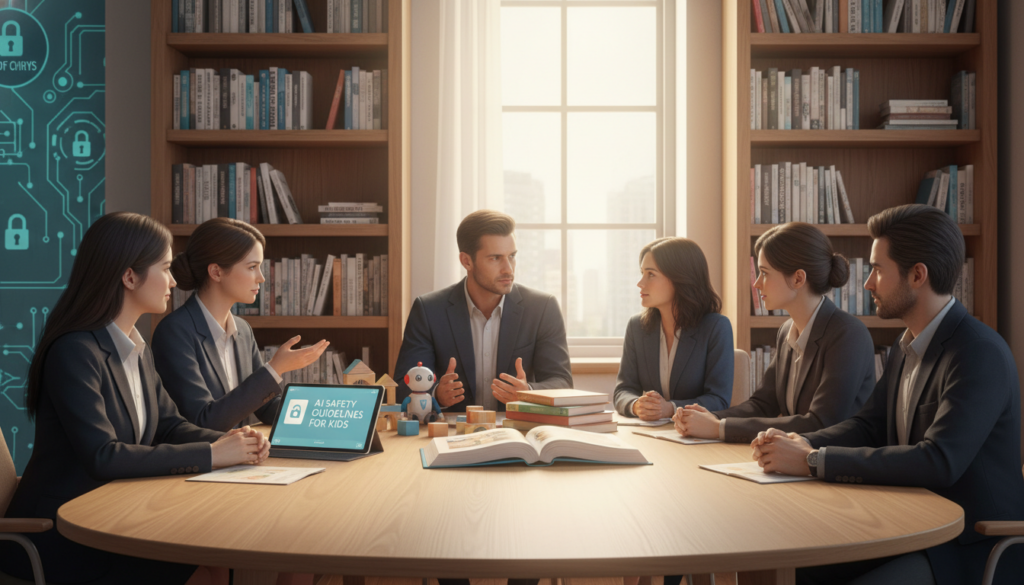 A serene and informative scene depicting practical guidance for parents on AI and children's safety. In the foreground, a diverse group of parents sits around a modern table, discussing thoughtfully. They are dressed in professional business attire, conveying a sense of responsibility. In the middle ground, visualization elements like a tablet displaying AI safety guidelines, children's playful toys, and educational materials are arranged to highlight the topic. The background features a cozy, well-lit room with bookshelves filled with educational books and a soft, inviting ambiance. The lighting is warm and natural, creating a friendly atmosphere. Subtle graphic elements symbolizing AI, like circuit patterns or digital icons, are integrated into the wall design. The overall mood is encouraging, emphasizing collaboration, awareness, and parental guidance on children's safety in the digital age. House of Chrys.