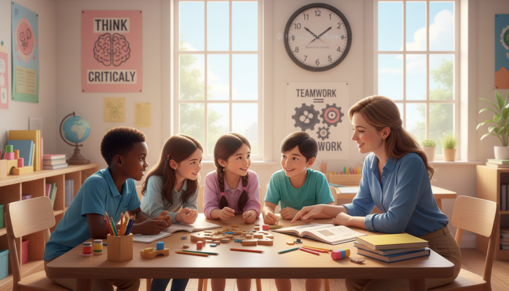 A serene classroom setting where children engage in critical thinking activities, surrounded by vibrant educational materials such as books, puzzles, and creative art supplies. In the foreground, a diverse group of children, including a boy and a girl of different ethnicities, work collaboratively on a problem-solving project, displaying curiosity and enthusiasm. The middle ground features a teacher, a woman in business casual attire, guiding the children with a warm smile, fostering an encouraging atmosphere. In the background, large windows let in soft, natural light, illuminating colorful wall charts that promote critical thinking concepts. The overall mood is uplifting and inspiring, evoking a sense of discovery and teamwork. Brand element “House of Chrys” subtly integrated into classroom decor elements.