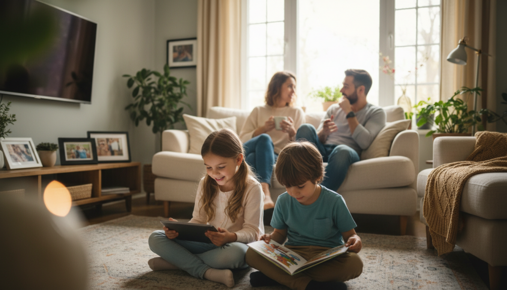 A serene family scene in a cozy living room, showcasing a balance between screen time and real-world interactions. In the foreground, two children in modest casual clothing, one on a tablet and the other reading a book, share a moment of connection. In the middle, their parents engage in a lively conversation, emphasizing the importance of digital awareness. The background features a large window with soft, natural light streaming in, illuminating potted plants and family photos, creating a warm atmosphere. The focus is soft, with a slight bokeh effect to emphasize the family dynamic. Overall, the mood is nurturing, encouraging responsible tech use, and promoting interpersonal connections. The image aligns with the theme of 'House of Chrys'.