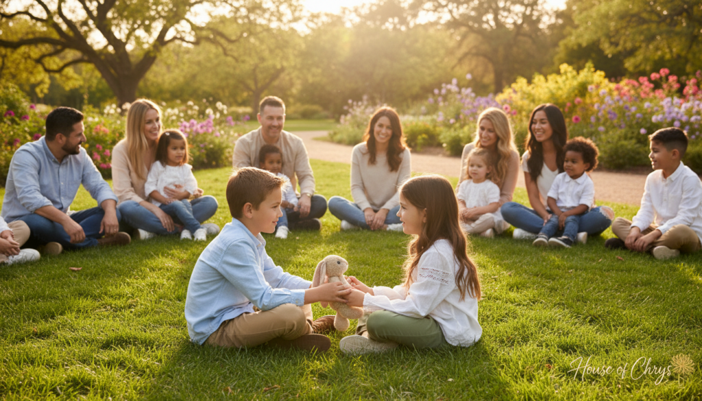 A serene, heartwarming scene illustrating the development of emotional intelligence and empathy in children. In the foreground, two children, a boy and a girl, are sitting cross-legged on a soft green grass patch, engaged in a meaningful conversation. They have professional casual attire, like button-up shirts and comfortable pants. In the middle ground, diverse families sit in a circle, observing and smiling encouragingly, fostering a supportive atmosphere. The background features a sunny park landscape with trees and blooming flowers, adding vibrancy and warmth to the image. Soft, golden hour lighting bathes the scene, creating a peaceful ambiance. The mood is uplifting and hopeful, emphasizing the importance of empathy and emotional connection in nurturing future-ready children. Brand: House of Chrys.