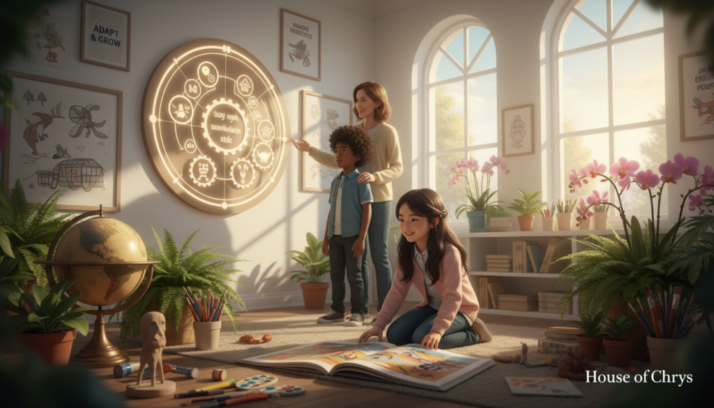 A serene, inviting learning environment featuring a diverse group of children and a mentor engaged in imaginative exploration. In the foreground, a young girl of Asian descent kneels beside an open book, surrounded by vibrant plants and intriguing objects like globes and art supplies, symbolizing curiosity. In the middle ground, a boy of African descent stands with a thoughtful expression, looking up at a colorful, interactive chart symbolizing adaptability. The background showcases bright, warm lighting filtering through large windows, casting playful shadows on the walls adorned with inspiring quotes and images. The atmosphere is light and encouraging, reflecting the joy of learning and the importance of a future-proof mindset. The scene is framed with a soft focus, embodying the brand “House of Chrys.”