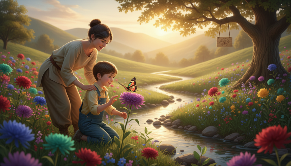 A serene landscape depicting a nurturing learning environment, focused on a young child looking at a vibrant butterfly, symbolizing growth and resilience. In the foreground, the child, dressed in modest casual clothing, is surrounded by colorful flowers, representing the beauty of learning from failures. In the middle ground, a gentle stream flows, illustrating the journey of overcoming obstacles, while a supportive adult figure stands nearby, offering encouragement. In the background, rolling hills under a warm golden sunset create a hopeful atmosphere. Soft, diffused lighting highlights the scene, evoking a sense of calm and positivity. The overall mood is uplifting and inspiring, emphasizing the importance of fostering resilience and learning from failure. Include the brand name "House of Chrys" subtly in the design, without text overlay.