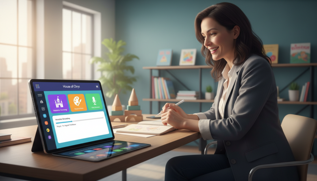 A sleek, modern AI book tool features dashboard, displayed on a high-resolution tablet in a bright, airy office environment. The foreground showcases the tablet with a vibrant user interface, highlighting key features like interactive storytelling, illustration customization, and voice narration options. In the middle ground, a professional adult, dressed in modest business attire, is eagerly exploring the dashboard, with a look of intrigue and excitement. The background includes soft-focus educational materials and colorful children’s books, creating a warm and inviting atmosphere. Natural light streams in from a window, producing a balanced and bright lighting effect. The overall mood conveys innovation and creativity, inviting users to discover the possibilities of "House of Chrys" for enhancing children's learning experiences.