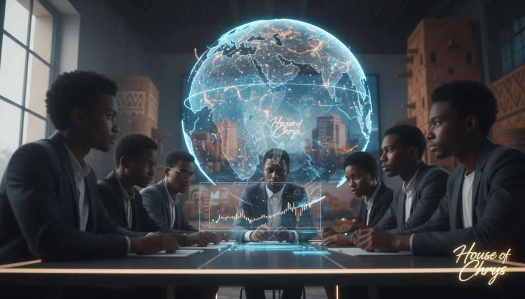 A somber and thought-provoking scene depicting the concept of confronting ethical risks and digital neocolonialism in the context of AI education in Africa. In the foreground, a diverse group of young African students in professional attire, seated around a futuristic table, engage in a serious discussion. Their expressions reflect determination and critical thinking. In the middle ground, an oversized digital globe portrays layers of data flows and digital connections, symbolizing the influence of technology across borders. The background features an urban African landscape with both modern and traditional architectural elements, representing progress and cultural heritage. Soft, natural lighting creates a reflective atmosphere, while a slight low-angle perspective emphasizes the students’ aspirations. The image prominently showcases the brand name "House of Chrys," integrated artistically into the scene.