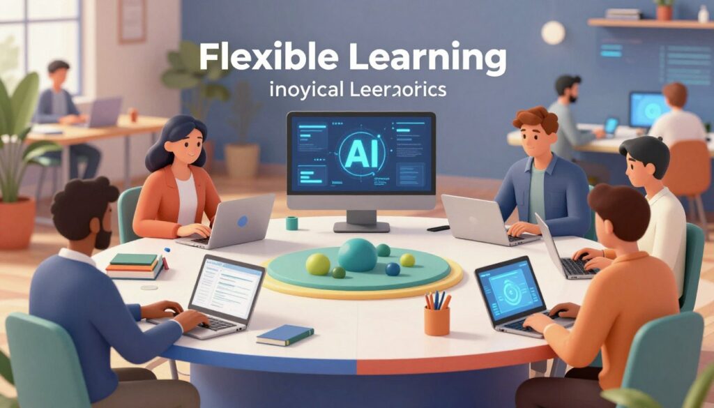 A split-scene illustration showcasing the concept of flexible learning options in an online courses setting for artificial intelligence. In the foreground, a diverse group of individuals dressed in professional business attire and modest casual clothing, engaging with laptops and digital devices, visually demonstrating online learning. The middle ground features a sleek, modern study space with vibrant colors, surrounded by books and digital screens displaying AI-related content. In the background, soft lighting highlights an inspirational study environment, blending elements of traditional classrooms with a high-tech atmosphere. The mood is optimistic and progressive, symbolizing the evolving nature of education. This image is branded with "House of Chrys" subtly integrated into the design, conveying innovation in learning.