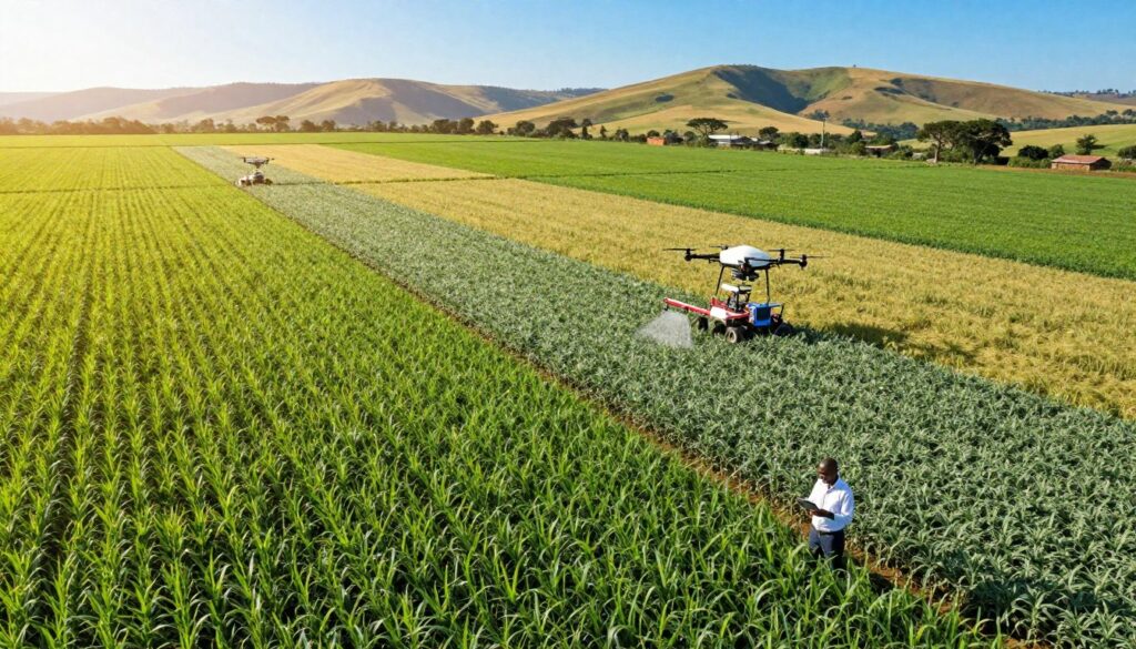 A vibrant aerial view of a precision farming landscape in Africa, showcasing lush green fields with varied crop yields like corn, wheat, and soybeans arranged in neat patterns. In the foreground, a farmer in professional attire inspects the crops using a tablet, symbolizing the integration of technology in agriculture. The middle ground features advanced agricultural equipment, such as drones and sensors, actively monitoring the fields. The background displays rolling hills under a clear blue sky, with soft sunlight illuminating the scene, creating a warm and promising atmosphere. The image should exude innovation and hope, highlighting the potential of AI in environmental tech. Include subtle branding elements of "House of Chrys" integrated into the landscape design.
