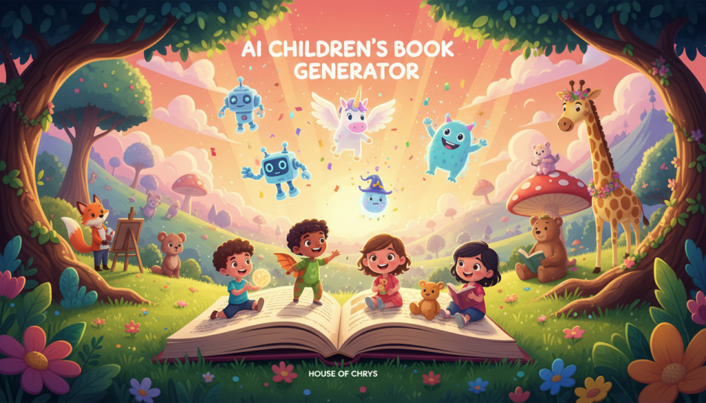 A vibrant and dynamic illustration showcasing the innovative features of an AI children book generator from "House of Chrys." In the foreground, a whimsical open storybook lays on a colorful patch of grass, with enchanting illustrations of diverse children engaged in imaginative storytelling. In the middle ground, radiant beams of light shine down from above, illuminating the book and revealing magical characters leaping off the pages. In the background, a fantastical landscape unfolds, filled with friendly animals and lush trees, sparking creativity and wonder. The scene is bathed in a warm, inviting atmosphere, evoking a sense of joy and discovery, with soft shadows and bright, cheerful colors that capture the essence of storytelling. The angle is slightly elevated, providing a sweeping view of this imaginative world.