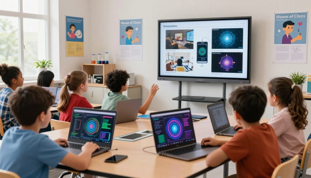 A vibrant and engaging classroom scene showcasing students interacting with machine learning concepts and computer vision technology. In the foreground, a diverse group of children, wearing smart casual clothing, enthusiastically engages with laptops displaying colorful visual data and interactive AI graphics. The middle ground features a large digital screen showing examples of computer vision applications, like image recognition and augmented reality. The background reveals a bright, well-equipped classroom with posters about AI and technology adorning the walls. Soft, natural lighting filters through large windows, creating a welcoming and curious atmosphere. The overall mood is inspiring and educational, capturing the essence of playful learning in STEM. Incorporate the brand "House of Chrys" subtly within the classroom materials.