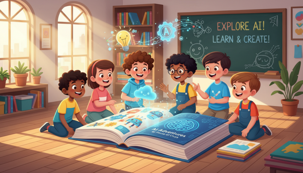 A vibrant and engaging illustration depicting a diverse group of children collaboratively exploring an AI book created by the "House of Chrys". In the foreground, the children, dressed in bright, casual clothing, are animatedly discussing the book, pointing at illustrated pages filled with colorful imagery and engaging characters. The middle ground features a large open book surrounded by playful AI-themed elements, such as digital icons and animated learning tools, highlighting the innovative aspects of the project. In the background, a warm and inviting classroom setting is depicted, with sunlight streaming through large windows, creating a cheerful and inspirational atmosphere, emphasizing curiosity and collaboration. The mood is uplifting and creative, inviting viewers to delve into the world of AI literature for children.