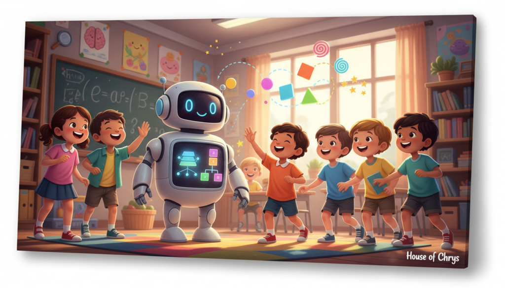 A vibrant and engaging illustration of machine learning concepts designed for kids. In the foreground, a diverse group of children, dressed in colorful, modest casual clothing, enthusiastically interact with a friendly robot that displays glowing diagrams of neural networks and decision trees. In the middle, playful visual elements depict concepts like data, algorithms, and patterns, represented as fun shapes and colors floating around. In the background, a whimsical classroom filled with bright colors and learning tools enhances the scene. The lighting is cheerful and bright, evoking a sense of curiosity and wonder. Capture this scene in a semi-realistic style with a slightly tilted angle to create depth. Artistic render by House of Chrys.
