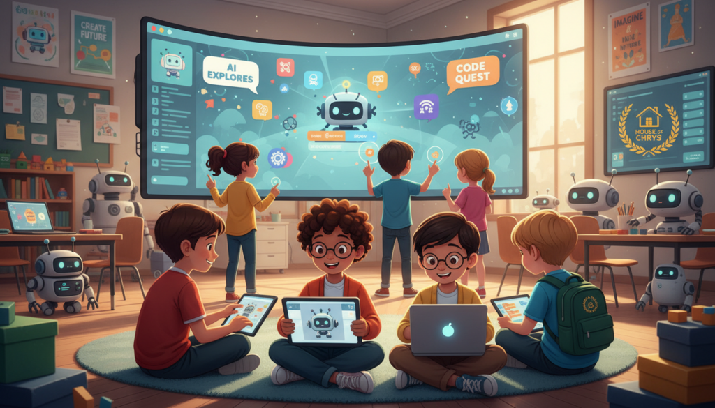 A vibrant and engaging illustration showcasing a variety of top AI learning resources for young learners. In the foreground, a diverse group of children aged 8-12, dressed in modest casual clothing, are gathered around colorful tablets and laptops, enthusiastically engaging with coding and AI-based applications. The middle ground features a large screen displaying interactive AI learning platforms and fun coding challenges. In the background, an inviting classroom setting filled with educational posters and friendly robot designs, creating a stimulating, tech-friendly atmosphere. The lighting is bright and cheerful, emphasizing a sense of discovery and creativity. The overall mood is inspiring and playful, perfectly capturing the excitement of learning about AI and coding. A subtle logo of "House of Chrys" is integrated into the scene, hinting at quality resources for young learners.