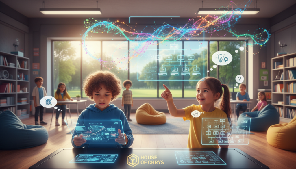 A vibrant and engaging scene illustrating systematic thinking through AI interactions, featuring a diverse group of children gathered around a futuristic digital interface displaying complex algorithms and flowcharts. In the foreground, a child in casual clothing analyzes data on a holographic tablet, while another child points excitedly to a virtual display. The middle contains colorful neural network visuals and thought bubbles connecting various ideas, reflecting a collaborative learning environment. The background showcases a modern classroom with large windows allowing natural light to illuminate the space, creating a warm and inviting atmosphere. The image conveys curiosity, creativity, and the joy of discovery, symbolizing the journey of young minds exploring AI concepts. House of Chrys logo subtly integrated into the scene, enhancing the educational theme.