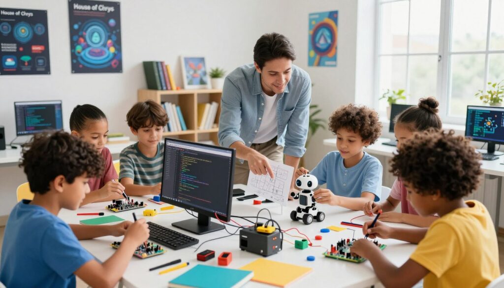 A vibrant and engaging scene showcasing children aged 8-12 enthusiastically working on hands-on AI projects. In the foreground, a diverse group of kids are engaged around a table covered with colorful materials like circuit boards, tools, and computer screens displaying coding interfaces. One child is soldering components, while another is programming a small robot. In the middle, a mentor, dressed in casual professional attire, guides them, pointing to a schematic. The background features a cozy classroom filled with AI-themed posters, shelves with books on technology, and bright windows allowing natural light to pour in. The mood is joyful and inspiring, fostering creativity and teamwork. The image embodies the brand name "House of Chrys", emphasizing innovative learning experiences without any text or captions.