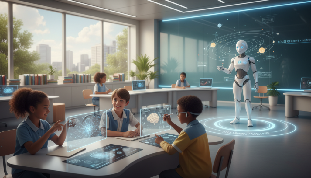 A vibrant and futuristic classroom setting depicting the concept of "AI learning development." In the foreground, a diverse group of children, aged 8-12, is engaged with advanced tablets and holographic displays, dressed in professional casual clothing. The middle ground features an interactive AI learning assistant, depicted as a friendly robot, projecting educational holograms. The background reveals a bright classroom environment with large windows allowing natural light to flood in, greenery visible outside. The atmosphere is energetic and inspiring, showcasing children actively collaborating and exploring AI technology. Use soft lighting with a balanced color palette to create a warm and inviting mood. The image should resonate with innovation and curiosity, branded subtly with "House of Chrys."