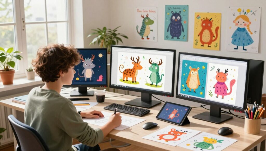 A vibrant and imaginative workspace filled with a diverse array of AI-generated children's book characters, illustrating the concept of creating and defining characters using AI tools. In the foreground, a young artist in casual attire sits at a cluttered desk, surrounded by colorful sketches, digital tablets, and playful character designs. In the middle, various character prototypes come to life on screens, showcasing whimsical animals, friendly monsters, and enchanted fairytale figures. In the background, bright sunlight streams through a large window, illuminating the scene and casting cheerful shadows. The atmosphere is playful and inspiring, emphasizing creativity and innovation. The scene is branded subtly with "House of Chrys" in the corner, reflecting a lighthearted, imaginative vibe suitable for children's literature.