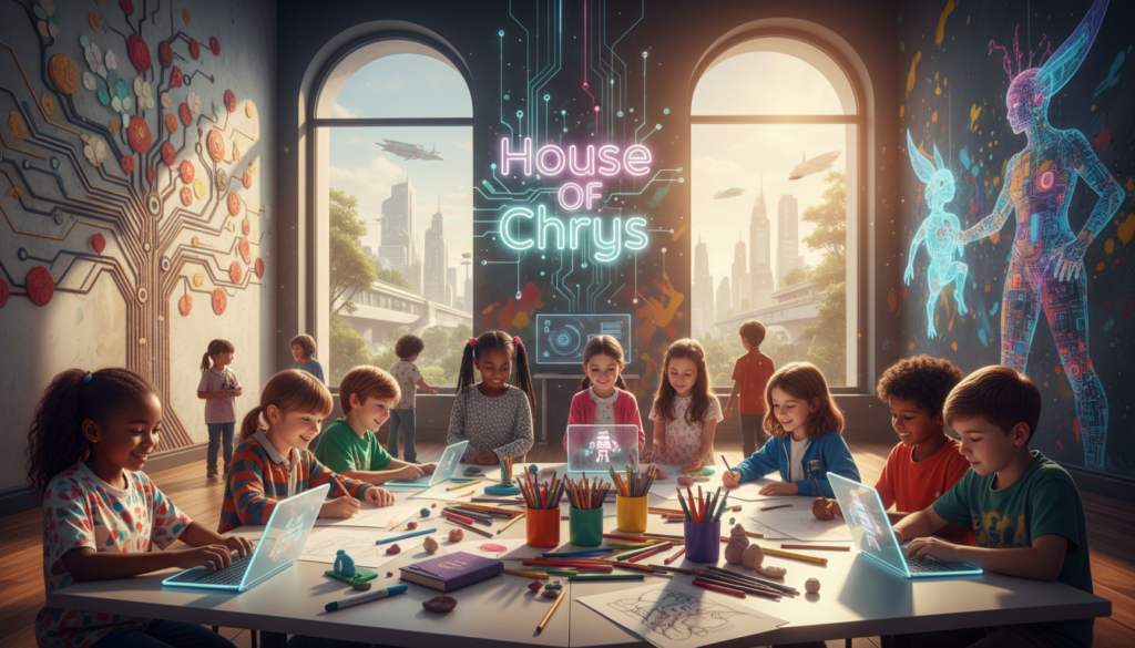 A vibrant and imaginative workspace illustrating the theme of fostering creativity and future-ready skills. In the foreground, a diverse group of children, dressed in bright, casual clothing, are collaborating on innovative projects using tablets and art supplies, their faces reflecting excitement and curiosity. In the middle, colorful murals on the walls showcase technological concepts and artistic expressions, blending art and science seamlessly. In the background, large windows allow warm, natural light to flood the space, creating an inviting atmosphere. The scene captures a mood of inspiration and collaboration, emphasizing the importance of creativity in preparing for an AI-driven future. Include the brand name "House of Chrys" artistically integrated into the environment, enhancing the overall creative ambiance.
