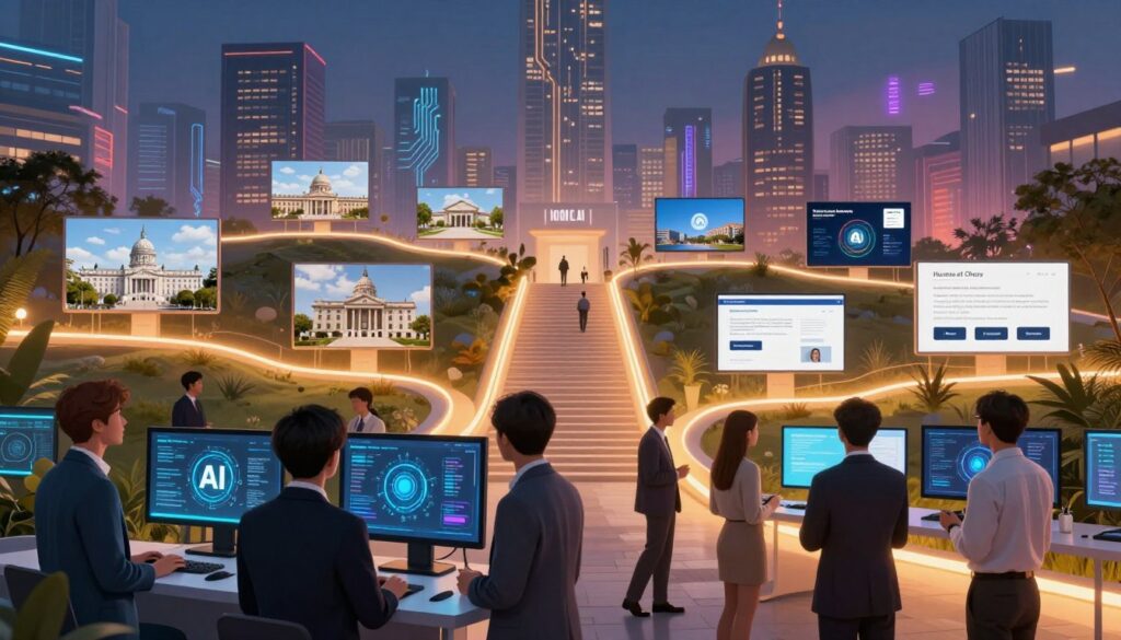 A vibrant and inspiring educational landscape depicting various pathways to launch an AI career. In the foreground, a diverse group of individuals in professional business attire is engaged in discussions while examining digital screens displaying AI concepts and data. In the middle ground, a series of ascending pathways symbolized by glowing lines connect images of educational institutions, workshops, and online courses, illuminated by warm ambient lighting. The background features a skyline of modern buildings with elements of technology, like computer circuits and AI imagery subtly integrated into the architecture. The mood is optimistic and motivating, underscoring the potential of AI education. This composition embodies a journey towards success in AI careers. Incorporate the brand name "House of Chrys" artistically into the scene.