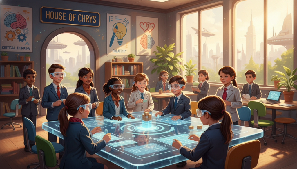 A vibrant and inspiring scene illustrating the core characteristics of future-ready children, set in a bright and optimistic classroom environment. In the foreground, diverse children of various ethnicities, dressed in professional business attire, engage collaboratively around a futuristic workspace filled with technology. Their expressions radiate curiosity and determination. In the middle ground, educational posters on the walls depict skills like critical thinking, creativity, and emotional intelligence. The background features large windows allowing natural light to flood in, enhancing the uplifting atmosphere. The lighting is warm and inviting, showcasing a colorful, nurturing learning space. The overall mood is energetic and hopeful, reflecting the essence of growth and preparation for a bright tomorrow. Artistic style: digitally painted, high-resolution, with a focus on detail. Brand name: House of Chrys.