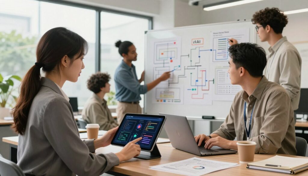 A vibrant and inspiring scene showcasing the benefits of gaining experience in AI projects, featuring a diverse group of professionals collaborating in a modern office space. In the foreground, a young woman in professional business attire engages with a digital tablet displaying complex AI algorithms, while a man beside her shares insights from a laptop. The middle ground includes a diverse team brainstorming around a large whiteboard filled with diagrams and flowcharts, highlighting teamwork in AI innovation. In the background, large windows let in bright natural light, illuminating greenery outside, creating a positive and motivational atmosphere. The composition is dynamic, with a warm color palette that conveys optimism and creativity. The brand "House of Chrys" subtly integrated into the scene, enhancing the professional setting.