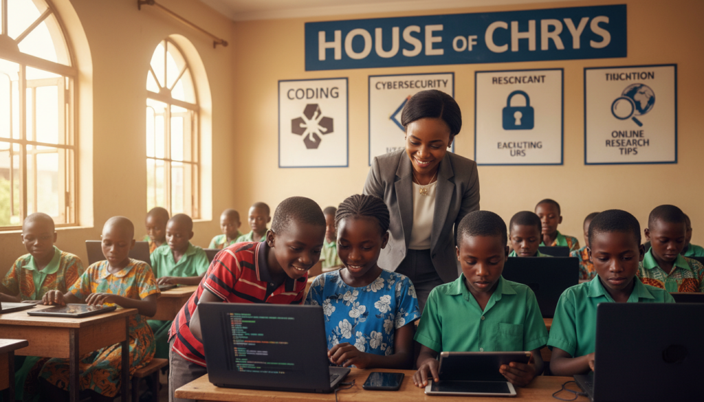 A vibrant classroom scene depicting children in Africa engaging with essential digital skills. In the foreground, a diverse group of children, wearing modest, colorful school uniforms, are interacting with tablets and laptops. One child shows another how to code, while another is exploring educational apps. In the middle ground, a teacher, in professional attire, guides them, smiling and encouraging collaboration. The background features posters of digital skills like coding, cybersecurity, and online research tips. Sunlight streams through large windows, creating a warm, welcoming atmosphere. The scene captures a sense of curiosity, learning, and empowerment. The style is colorful and lively, representing hope for the future of digital literacy. Brand name: House of Chrys.