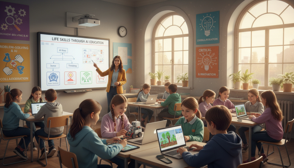 A vibrant classroom scene illustrating "life skills through AI education." In the foreground, a diverse group of children, aged 8-12, engaged in collaborative projects using laptops and tablets, all dressed in modest casual clothing. A smiling teacher, presenting a visual lesson on a whiteboard filled with charts and AI concepts, promotes engagement. The middle ground features colorful posters on the walls, showcasing various life skills linked to AI, such as problem-solving, critical thinking, and teamwork. In the background, large windows let in warm, natural light, creating a welcoming atmosphere. The scene conveys a sense of curiosity, collaboration, and inspiration. The overall composition evokes a sense of hope and excitement for learning about AI as a pathway to developing essential life skills. House of Chrys.