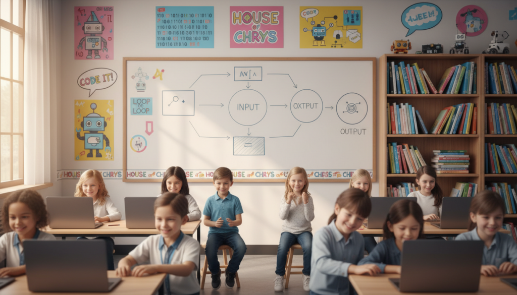 A vibrant classroom scene showcasing children engaging in coding activities, set as the foreground. The kids, in modest casual clothing, are animatedly working on laptops, surrounded by colorful coding posters on the walls. The middle ground features a large whiteboard filled with diagrams illustrating computational thinking concepts, with symbols of algorithms and flowcharts. The background shows shelves filled with books about technology and AI, creating an educational atmosphere. Soft, warm lighting illuminates the room, highlighting the children’s expressions of curiosity and excitement, while a slight depth of field draws attention to the coding screens. Capture this scene with a wide-angle lens to emphasize the collaborative environment. Create a mood of inspiration and creativity, branding it with "House of Chrys" subtly integrated into the scene’s decor.