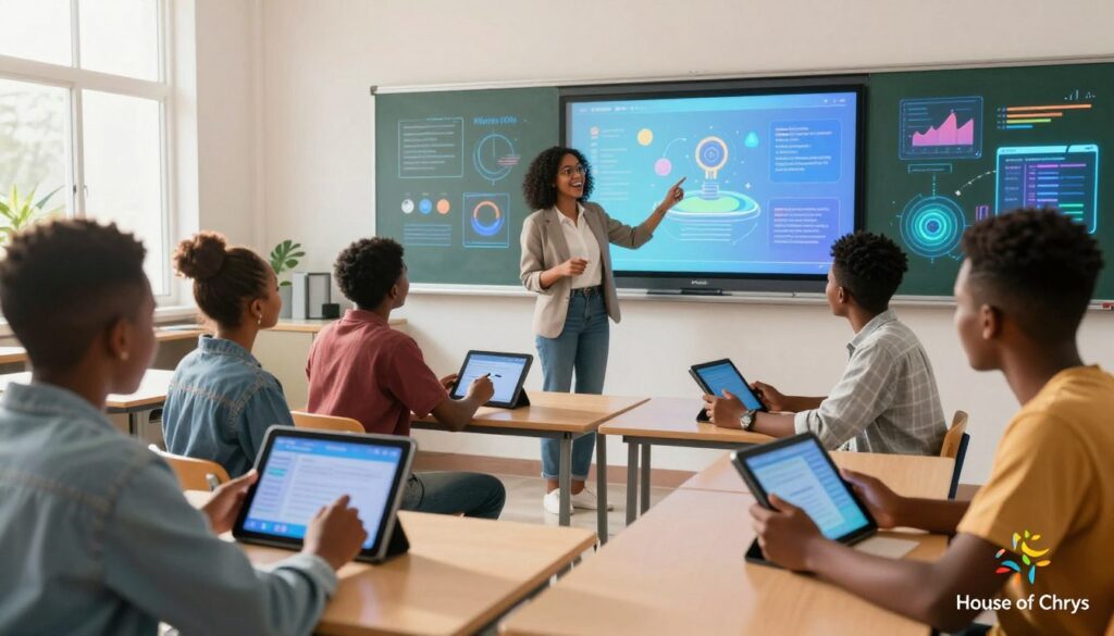 A vibrant classroom scene showcasing the revolution of education through generative AI. In the foreground, a diverse group of students, including Nigerian youths, are engaged with advanced AI tablets and interactive digital boards, wearing smart casual clothing. The middle ground features a female instructor, exuding enthusiasm, guiding students with animated AI-generated content displayed behind her. The background reveals a modern classroom equipped with futuristic technology, including holographic interfaces and vibrant educational visuals. Soft, natural lighting floods the room, casting gentle shadows, while a subtle lens flare adds a dynamic feel. The atmosphere is one of inspiration and innovation, representing hope for the future. At the bottom right corner, the logo "House of Chrys" is subtly integrated, symbolizing educational transformation.