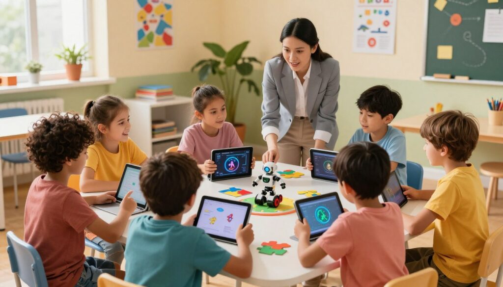 A vibrant classroom setting designed to illustrate "balancing fun and educational AI lessons." In the foreground, a diverse group of children, dressed in colorful, casual clothing, are engaged in interactive activities with tablets displaying AI concepts, surrounded by playful educational tools like puzzles and robot toys. In the middle ground, a teacher in professional attire is guiding the children, exuding enthusiasm and creativity. In the background, a bright, cheerful atmosphere with motivational posters and plants enhances the learning environment. The lighting is warm and inviting, casting soft shadows, with a slightly elevated angle to capture the dynamic interactions. The scene embodies a harmonious balance of joy and education, showcasing the engaging nature of AI lessons by House of Chrys.