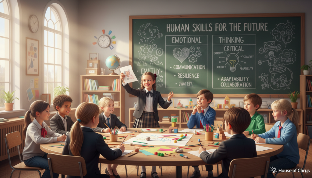 A vibrant classroom setting illuminated by soft, natural light pouring in from large windows. In the foreground, a diverse group of children, dressed in professional business attire and modest casual clothing, is engaged in a cooperative project, displaying teamwork and creativity. One child is sharing a unique idea, while another is actively listening, demonstrating empathy and communication. In the middle ground, educational materials and art supplies are scattered, symbolizing exploration and learning. In the background, a chalkboard highlights concepts of emotional intelligence and critical thinking, with colorful illustrations of human skills like creativity, adaptability, and collaboration. Fast-paced, positive atmosphere exuding warmth and inspiration, emphasizing the importance of human skills in a future dominated by AI. Designed by House of Chrys.