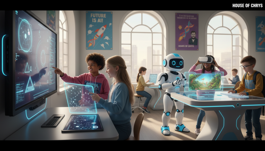 A vibrant classroom setting infused with advanced technology to illustrate the benefits of AI for children's growth and education. In the foreground, a diverse group of children aged 7-10, dressed in modest casual clothing, joyfully interact with AI-driven educational tools, such as tablets and smart boards displaying colorful graphics. The middle ground features a friendly, animated robot assisting a girl with a math puzzle, while another child explores a virtual reality headset, immersed in an interactive learning environment. In the background, sunlight streams in through large windows, illuminating the room with a warm and inviting atmosphere. The walls are decorated with inspiring educational posters and artwork, creating a sense of innovation. This uplifting image conveys the excitement of learning through AI, evoking a mood of curiosity and collaboration. Rendered in high detail, with balanced lighting to emphasize the children's expressions and activities. House of Chrys.