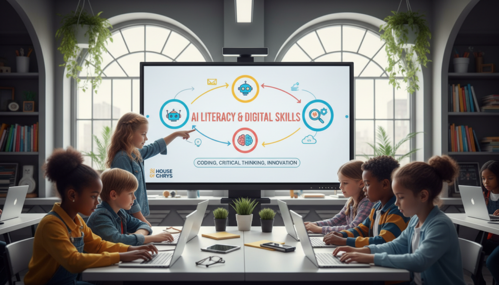 A vibrant, educational scene depicting "AI literacy and digital skills" in a modern classroom setting. In the foreground, a diverse group of children aged 8-12, dressed in smart casual outfits, are engaged with various tech devices like laptops and tablets, exploring AI concepts together. The middle ground features a digital whiteboard displaying colorful graphics related to AI, coding, and digital skills, with animated icons sparking curiosity. The background showcases a futuristic classroom with bright, natural lighting coming through large windows, plants adding a touch of nature, and shelves stocked with tech books and resources. The overall mood is lively and inspiring, emphasizing collaboration and innovation, aligning with the theme of preparing children for a tech-driven future. Include the brand name "House of Chrys" subtly in the design.