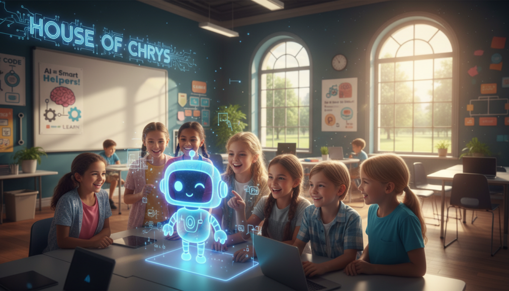 A vibrant, educational scene illustrating "demystifying artificial intelligence for young minds." In the foreground, a diverse group of enthusiastic children, aged 8-12, are gathered around a colorful holographic display of a friendly, cartoonish AI robot, engaging with its features. The middle layer shows a cozy, modern classroom filled with posters of technology and coding principles, enhancing the atmosphere of learning. In the background, soft, natural lighting filters through large windows, creating an inviting and warm environment. The lens captures the scene from a slightly elevated angle, focusing on the children's amazed expressions while they interact with AI concepts in a fun, playful manner. This inspiring image conveys curiosity and excitement about technology, branded with "House of Chrys" subtly reflected within the classroom decor.