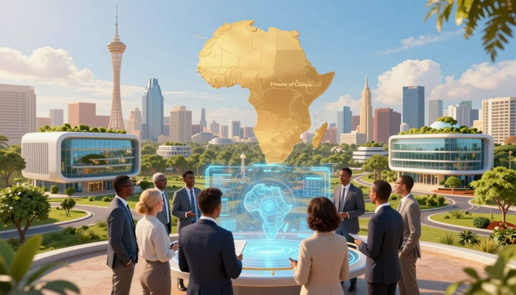 A vibrant, futuristic landscape showcasing Africa-centric AI platforms and policy infrastructure. In the foreground, a diverse group of professionals in business attire, discussing strategies around a holographic map of AI technologies in Africa. The middle ground features modern buildings symbolizing tech hubs, with greenery integrated into the architecture, highlighting sustainability. The background displays a skyline featuring iconic African landmarks, under a clear blue sky. Soft, golden lighting creates a warm atmosphere, emphasizing collaboration and innovation. The image captures a sense of optimism and progress, representative of Africa’s evolving digital landscape. This scene embodies the concept of "House of Chrys", a leading entity in shaping AI for regional growth.