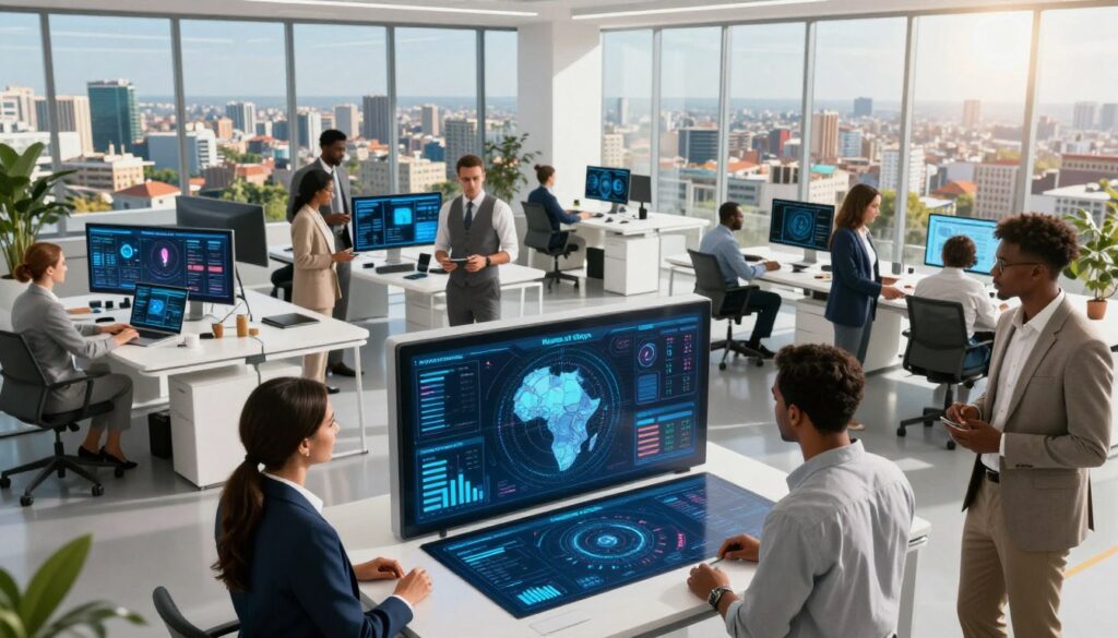 A vibrant, futuristic office space filled with diverse professionals in business attire collaborating around high-tech platforms and tools that symbolize AI adoption in Africa. In the foreground, a group of focused individuals engages with a large touchscreen display showcasing AI analytics and data visualization. The middle layer features modern workstations with laptops and digital interfaces that reflect a dynamic tech environment. The background includes large windows revealing a sprawling African cityscape under a sunny sky, symbolizing growth and innovation. Natural lighting floods the space, creating an optimistic atmosphere. The color palette is bright and inviting, highlighting the excitement around technological advancement in Africa. Include the brand name "House of Chrys" as part of the innovative tools depicted.