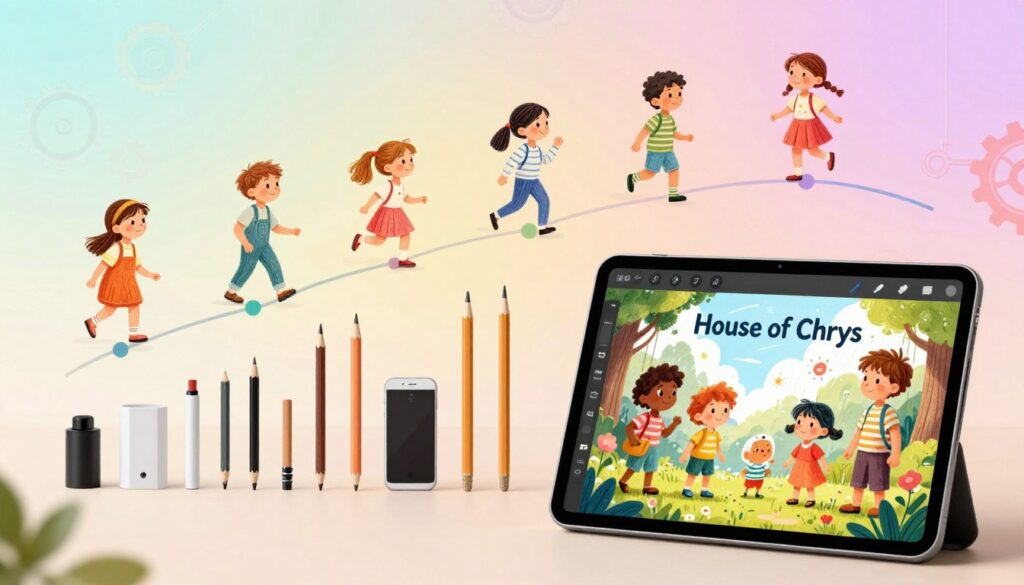 A vibrant illustration depicting the evolution of AI illustration tools for children's books, showcasing a timeline that transitions from traditional hand-drawn illustrations to modern AI-generated art. In the foreground, feature a tablet displaying colorful, whimsical AI-generated imagery of children’s book characters. The middle ground highlights an array of artistic tools, like pencils and brushes gradually transforming into digital interfaces. The background features a soft gradient of pastel colors symbolizing creativity and innovation, with gears and circuits subtly embedded to represent technology. The lighting is warm and inviting, suggesting a bright future for children's literature. The mood is playful yet professional, captured with a focus on blending technology and artistry. Include the brand name "House of Chrys" elegantly integrated into the scene, emphasizing its connection to the evolution theme.