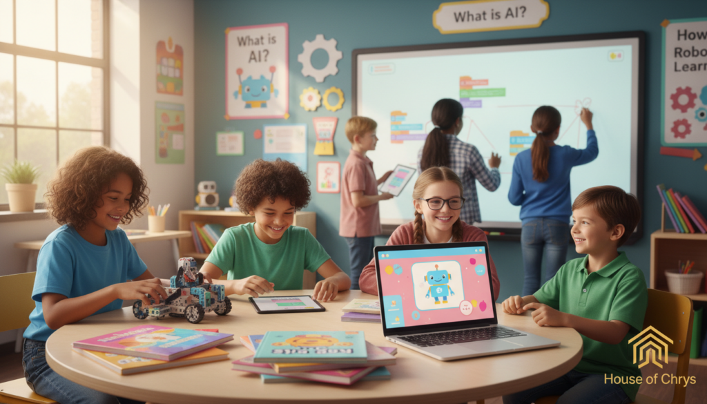 A vibrant, inviting classroom filled with various AI learning resources for kids. In the foreground, colorful books about artificial intelligence are stacked on a small table, alongside a laptop displaying engaging educational software. In the middle, a group of diverse children, dressed in casual, modest clothing, eagerly explore interactive AI tools, such as robotics kits and coding games. The background features a bright and cheerful classroom with educational posters on the walls, showcasing AI concepts in a fun way. Soft, natural lighting streams through large windows, creating a warm and inspiring atmosphere that encourages curiosity and creativity in learning. This scene embodies the spirit of discovery and innovation in AI education. House of Chrys logo subtly integrated into the design.