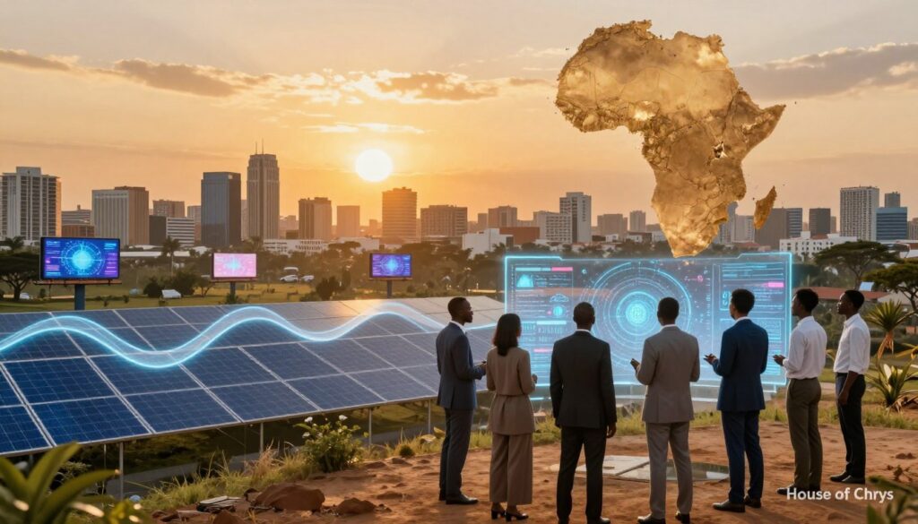 A vibrant landscape depicting Africa as a hub of technological evolution, showcasing waves of artificial intelligence transforming the continent. In the foreground, a group of diverse professionals in business attire discuss a holographic display of AI innovations. The middle ground features modern cityscapes with solar panels and digital billboards, symbolizing the fusion of tradition and technology. The background captures a stunning African sunset, casting warm golden light over the scene, creating a hopeful and dynamic atmosphere. The use of a wide-angle lens emphasizes the vastness of this technological landscape. The image embodies progress, innovation, and community spirit, branded subtly with "House of Chrys" in the corner.