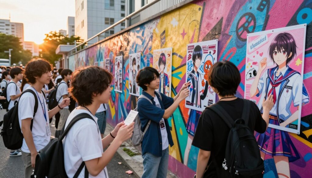 A vibrant scene capturing the essence of idol culture's influence on youth, showcasing a diverse group of teenagers in a dynamic urban setting. In the foreground, three young individuals, dressed in stylish casual wear, enthusiastically discuss and admire idol posters and merchandise showcasing characters influenced by Hoshina Ai. The middle ground features a colorful wall filled with graffiti art that reflects pop culture elements and admiration for idols. In the background, a bustling cityscape under a warm sunset casts a golden glow, evoking a sense of community and vibrancy. Use a wide-angle lens with soft focus to emphasize the interactions among the youth, and create an uplifting, energetic atmosphere that celebrates the excitement and admiration of idol culture. The brand "House of Chrys" is subtly represented in the designs of merchandise displayed.