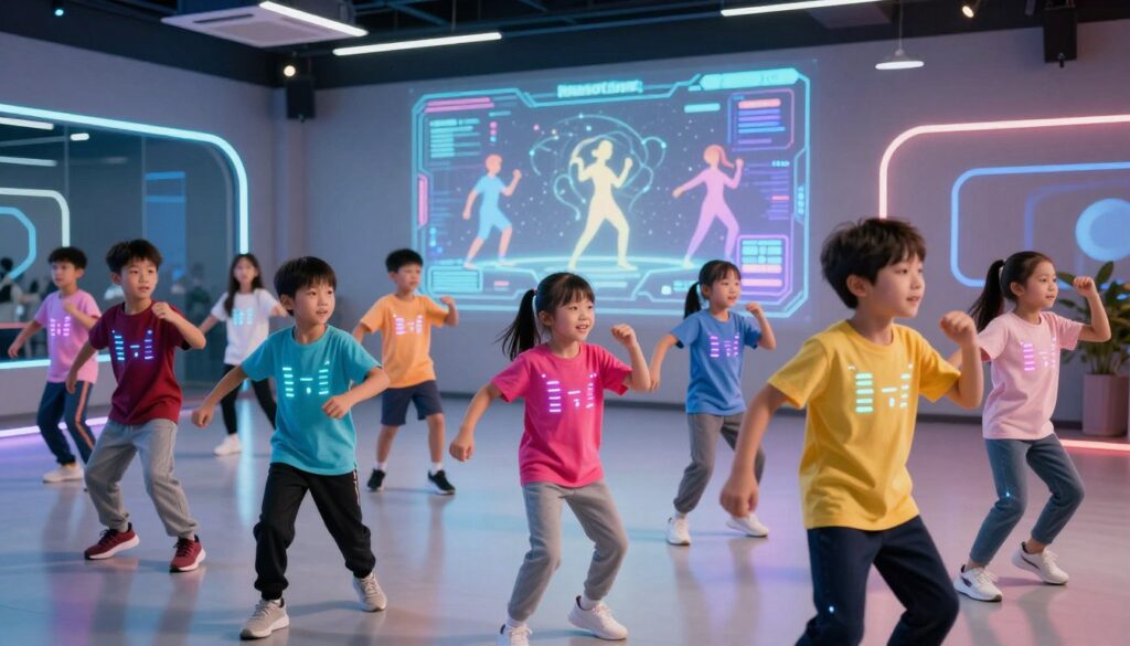A vibrant scene depicting a diverse group of children engaged in a lively dance, showcasing innovative AI technology. In the foreground, the children, aged around 8-12, wear colorful, smart tech clothing that glows subtly, indicating their interaction with the AI system. Their expressions radiate joy and excitement as they perform synchronized dance moves. In the middle ground, a transparent display shows a digital interface with animated dance instructions. The background features a high-tech dance studio with glowing LED lights and holographic visuals, enhancing the environment's futuristic feel. Soft, dynamic lighting casts gentle highlights, accentuating the movement of the dancers. The mood is energetic and playful, embodying the fun and learning aspect of dance with technology. Brand name "House of Chrys" is subtly integrated into the design elements of the dance studio.