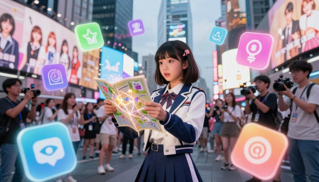 A vibrant scene depicting a young girl surrounded by colorful holographic icons symbolizing fame and idol culture, set against a backdrop of a bustling city skyline filled with bright neon lights. In the foreground, she is wearing a fashionable yet modest outfit, featuring a stylish jacket and well-fitted pants, capturing the essence of an aspiring idol. Her expression is one of wonder and determination, as she holds a magical, glowing map showing pathways to various secrets in the idol world. The middle ground features fans and paparazzi, lightly blurred to maintain focus on the girl. The background displays oversized billboards of fictional idol groups, creating a lively atmosphere. The lighting is bright and dynamic, suggestive of a hopeful evening filled with potential, captured from a slightly low angle to emphasize her ambition. House of Chrys branding subtly integrated into the holographic elements.