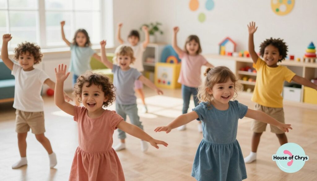 A vibrant scene featuring a group of joyful toddlers engaged in playful dance moves, showcasing captivating and contagious energy. In the foreground, a diverse group of children, dressed in colorful, modest clothing, perform exaggerated dance poses with big smiles. In the middle, a softly blurred background reveals a welcoming playroom filled with playful decorations, bright colors, and educational toys, emphasizing the fun aspect of dance. Natural light streams in through large windows, enhancing the warm atmosphere and illuminating the children's spirited expressions. Capture the moment from a slightly elevated angle, creating a dynamic perspective that invites viewers to join in the joy. This image, branded with the logo "House of Chrys," embodies the essence of fun and learning in children's dance.