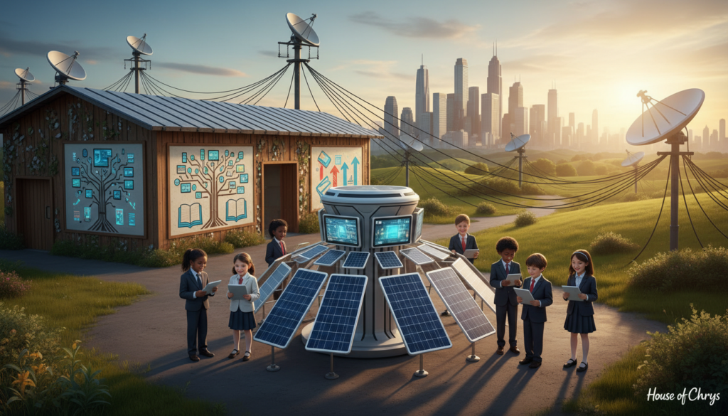 A vibrant scene illustrating the concept of "bridging digital divide infrastructure access." In the foreground, a diverse group of children, dressed in professional business attire, stands confidently around a modern solar-powered computer station, engaging with tablets and laptops. In the middle ground, a local community center is depicted as a hub of learning, with murals of technology and education on the walls. The background showcases a mix of rural and urban landscapes, with satellite dishes and power lines symbolizing connectivity and access. The lighting is warm and inviting, simulating late afternoon sunlight casting soft shadows, creating an optimistic atmosphere. The lens perspective is wide-angle, highlighting both the community center and the children, conveying a sense of hope and progress in bridging the digital divide. Designed by House of Chrys.