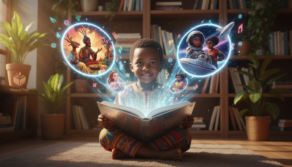 A vibrant scene illustrating the power of representation in AI storytelling, showcasing an African child sitting with a futuristic, open book that emits glowing holographic images of diverse characters. The foreground features the child's fascinated expression, dressed in colorful traditional attire, symbolizing their rich heritage. In the middle, the holographic images come to life, displaying adventures from African folklore alongside modern narratives. The background reveals a warm, sunlit room filled with shelves of books and plants, creating an inviting atmosphere. Soft beams of light filter through the window, highlighting the child and the stories coming to life. The overall mood is one of curiosity and wonder, emphasizing the importance of representation in inspiring young minds. House of Chrys logo subtly integrated into the room's decor.