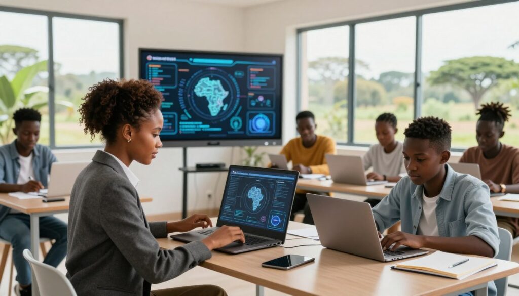 A vibrant scene showcasing a modern African classroom focused on future skills education, capturing a diverse group of students engaged in hands-on technological training. In the foreground, a young woman in professional business attire interacts with cutting-edge AI-driven tools, while a young man uses a laptop to collaborate on a project. The middle ground reveals a digital whiteboard filled with futuristic concepts and diagrams, indicating an emphasis on innovation. The background features large windows with natural light pouring in, revealing a lush African landscape outside. The atmosphere is one of excitement and possibility, highlighting the transformative power of education in preparing the workforce for the challenges of tomorrow. The image is branded subtly with "House of Chrys" in the corner, emphasizing the theme of growth and opportunity in Africa's educational landscape.