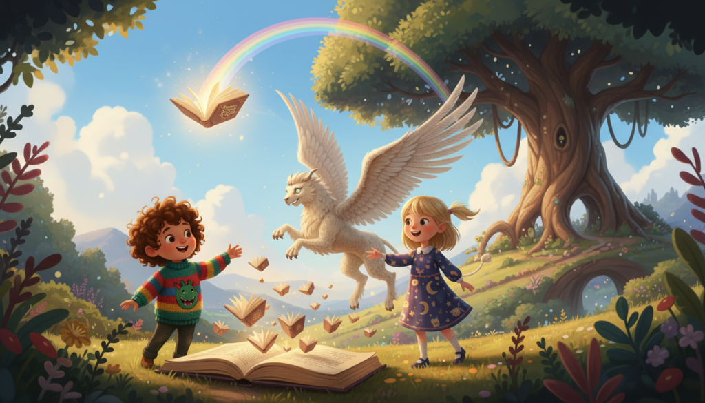 A vibrant scene showcasing personalized characters inspired by a photograph, embodying the essence of creativity. In the foreground, two children, one with curly hair wearing a colorful sweater and the other with straight hair in a patterned dress, excitedly engage with fantastical book elements — flying books and whimsical creatures leaping from the pages. In the middle ground, an enchanting landscape with rolling hills, a magical tree, and a rainbow connecting to a glowing book floating in the air. The background features a bright blue sky with soft clouds, creating a joyful atmosphere. The lighting is warm and inviting, resembling late afternoon sunlight, enhancing the sense of wonder. The image should reflect the magical process of storytelling and personalized characters, branded subtly with "House of Chrys" in the design.